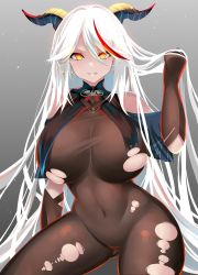 Rule 34 | 1girl, absurdres, aegir (azur lane), azur lane, bare shoulders, black horns, bodystocking, bodysuit, breast curtains, breasts, curvy, halterneck, highres, horns, huge breasts, looking at viewer, navel, playing with own hair, shiki (psychedelic g2), solo, thick thighs, thighs, torn bodysuit, torn clothes, white hair, yellow eyes