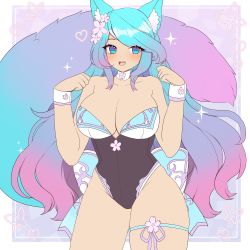 Rule 34 | 1girl, alternate costume, animal ear fluff, animal ears, blue hair, blush, breasts, cat ears, cat girl, cat tail, cleavage, gradient hair, heart, large breasts, leotard, multicolored hair, open mouth, pink hair, plushcharm, purple hair, silvervale, skindentation, smile, solo, tail, thigh strap, virtual youtuber, vshojo, wrist cuffs