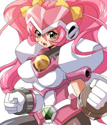 Rule 34 | 1girl, :o, amagi hikaru, armor, bow, chou kousoku grandoll, clenched hands, gloves, green eyes, hair bow, inaho, long hair, looking at viewer, mecha musume, open mouth, pink hair, solo, twintails, white background, white gloves, yellow bow