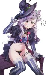 Rule 34 | 1girl, ?, bench, black gloves, blunt bangs, bow (bhp), breasts, capelet, cleavage, closed mouth, cone hair bun, gloves, grey hair, grey thighhighs, hair bun, hand up, hat, hololive, long hair, long sleeves, murasaki shion, murasaki shion (1st costume), navel, neck ribbon, pinstripe pattern, pinstripe shirt, purple capelet, purple hat, ribbon, shirt, simple background, single side bun, sitting, small breasts, smile, smug, solo, spoken question mark, strapless bottom, striped clothes, striped shirt, thighhighs, vertical-striped clothes, vertical-striped shirt, virtual youtuber, white background, witch hat