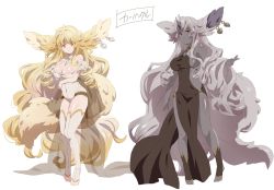Rule 34 | 2girls, animal ears, bare shoulders, blonde hair, breasts, cleavage, commentary request, copyright request, dark-skinned female, dark skin, drill hair, earrings, highres, horns, jewelry, large breasts, large ears, long hair, looking at viewer, multiple girls, nanana 2s, pelvic curtain, simple background, single horn, tail, thighhighs, translation request, very long hair, white background, white legwear, yellow eyes