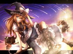 Rule 34 | 1girl, aiming, aiming at viewer, apron, bag, bamboo broom, black dress, blonde hair, book, boots, bow, broom, broom riding, cross-laced footwear, dress, grin, hat, hat bow, kirisame marisa, letterboxed, long hair, minamina, mini-hakkero, mushroom, puffy short sleeves, puffy sleeves, shirt, short sleeves, shoulder bag, smile, solo, sparkle, sunset, touhou, waist apron, witch hat, yellow eyes