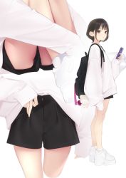 Rule 34 | 1girl, ama mitsuki, backpack, bag, bag charm, bare legs, black shorts, blush, brown eyes, brown hair, cellphone, charm (object), closed mouth, from side, full body, holding, holding phone, knees up, long sleeves, looking at viewer, looking to the side, multiple views, original, panties, panty peek, phone, platform footwear, short hair, short shorts, shorts, simple background, sitting, sleeves past wrists, smartphone, standing, sweater, underwear, upshorts, white background, white footwear, white sweater