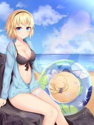 Rule 34 | 1girl, absurdres, arm support, beach, bikini, black bikini, black hairband, blonde hair, blue eyes, blue innertube, blue jacket, blue sky, blush, braid, breasts, cleavage, closed mouth, cloud, cloudy sky, commentary request, day, ds a, fate/grand order, fate (series), front-tie bikini top, front-tie top, hair ornament, hair scrunchie, hairband, highres, holding, holding swim ring, horizon, innertube, jacket, jeanne d&#039;arc (fate), jeanne d&#039;arc (ruler) (fate), jeanne d&#039;arc (swimsuit archer) (fate), jeanne d&#039;arc (swimsuit archer) (first ascension) (fate), long hair, long sleeves, looking at viewer, medium breasts, navel, ocean, outdoors, purple scrunchie, sand, scrunchie, seashell, shell, single braid, sky, smile, solo, starfish, swim ring, swimsuit, very long hair, water