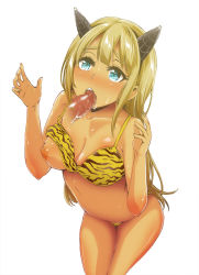 Rule 34 | 1boy, 1girl, alessandra susu, animal print, bad id, bad pixiv id, blonde hair, blue eyes, blush, breast slip, breasts, censored, cleavage, fellatio, hetero, horns, kazuo daisuke, large breasts, long hair, nipples, one breast out, open mouth, oral, penis, single horn, solo focus, sweat, tiger print, tokyo 7th sisters