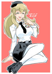 Rule 34 | 1girl, absurdres, anzio school uniform, arm support, artist name, belt, beret, black belt, black footwear, black hat, black necktie, black skirt, blonde hair, carpaccio (girls und panzer), commentary, dated, dress shirt, emblem, full body, girls und panzer, green eyes, half-closed eyes, hand to own mouth, hat, highres, loafers, long hair, long sleeves, looking at viewer, miniskirt, necktie, open mouth, outline, outside border, pantyhose, pleated skirt, red background, school uniform, shinkuukan (tetsuo3), shirt, shoes, signature, sitting, skirt, smile, solo, white outline, white pantyhose, white shirt, yokozuwari