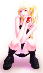Rule 34 | 00s, 1girl, amane misa, apple, bare shoulders, black footwear, blonde hair, boots, death note, food, fruit, gradient background, holding, holding food, holding fruit, looking at viewer, miniskirt, panties, pantyshot, pink panties, platform boots, platform footwear, red eyes, shokuyou mogura, simple background, skirt, solo, squatting, striped clothes, striped panties, two side up, underwear