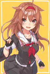Rule 34 | 1girl, ahoge, asymmetrical sleeves, black serafuku, black skirt, breasts, brown eyes, brown hair, fingerless gloves, gloves, hair flaps, hairband, index finger raised, kantai collection, long hair, medium breasts, mitsuyo (mituyo324), open mouth, pleated skirt, red hairband, sailor collar, school uniform, serafuku, shiratsuyu (kancolle), shiratsuyu kai ni (kancolle), simple background, skirt, solo, whistle, whistle around neck, white sailor collar