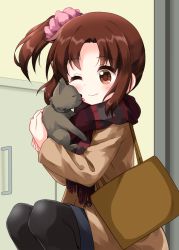Rule 34 | 1girl, animal, bag, black legwear, black scarf, brown bag, brown hair, brown jacket, cat, character request, closed mouth, copyright request, hair ornament, highres, holding, holding animal, holding cat, indoors, jacket, long sleeves, looking at another, one eye closed, parted bangs, ruu (tksymkw), scarf, shoulder bag, side ponytail, sitting, smile, squatting, striped clothes, striped scarf