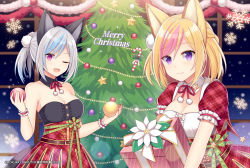 Rule 34 | 2girls, ;d, animal ear fluff, animal ears, bare shoulders, black shirt, blonde hair, blue hair, box, breasts, candy, candy cane, center frills, christmas, christmas ornaments, christmas tree, cleavage, closed mouth, collar, commentary request, copyright request, detached collar, dress, food, frills, gift, gift box, grey hair, hair between eyes, high-waist skirt, hitsuki rei, holding, holding gift, looking at viewer, medium breasts, merry christmas, multicolored hair, multiple girls, night, one eye closed, open mouth, pink hair, plaid, plaid dress, plaid skirt, pleated skirt, ponytail, purple eyes, red dress, red skirt, sharp teeth, shirt, skirt, smile, snowflakes, snowing, streaked hair, teeth, virtual youtuber, white collar, window, wing collar, wrist cuffs