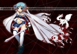 Rule 34 | 10s, bad id, bad pixiv id, blood, blue eyes, blue hair, cape, kyubey, magical girl, mahou shoujo madoka magica, mahou shoujo madoka magica (anime), miki sayaka, navel, panties, short hair, striped clothes, striped panties, sword, tears, thighhighs, torn cape, torn clothes, underwear, weapon, yuncha