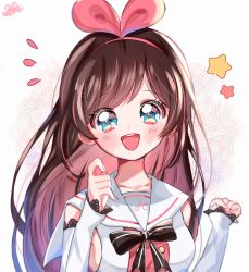Rule 34 | 1girl, bad id, bad twitter id, bow, breasts, brown hair, detached sleeves, eyes visible through hair, hairband, highres, kizuna ai, kizuna ai inc., lace-trimmed sleeves, lace trim, long hair, looking at viewer, multicolored hair, open mouth, pink bow, pink hair, pink hairband, pink ribbon, ribbon, sailor collar, shirt, sleeveless, sleeveless shirt, smile, solo, star (symbol), streaked hair, swept bangs, two-tone hair, upper body, virtual youtuber, white background, white sailor collar, yalmyu