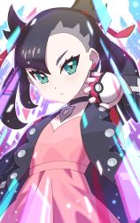 Rule 34 | 1girl, asymmetrical bangs, backpack, bag, black choker, black hair, black jacket, choker, closed mouth, commentary request, creatures (company), dress, earrings, eyelashes, game freak, gqi (pixiv 11877511), green eyes, hair ribbon, highres, holding, holding poke ball, jacket, jewelry, looking down, marnie (pokemon), nintendo, open clothes, open jacket, pink dress, poke ball, poke ball (basic), pokemon, pokemon swsh, red ribbon, ribbon, solo, twintails