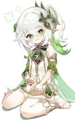Rule 34 | 1girl, bare shoulders, boots, bracelet, closed mouth, commentary, cross-shaped pupils, detached sleeves, dress, full body, genshin impact, gold trim, gradient hair, green eyes, green hair, green sleeves, hair between eyes, hair ornament, highres, jewelry, leaf hair ornament, looking at viewer, multicolored hair, nahida (genshin impact), ro/ku, short dress, short sleeves, side ponytail, simple background, sitting, sleeveless, sleeveless dress, smile, solo, stirrup footwear, symbol-shaped pupils, toes, wariza, white background, white dress, white footwear, white hair