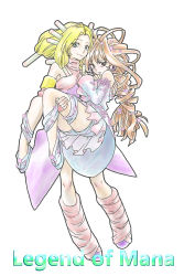 Rule 34 | 2girls, bare shoulders, blonde hair, blush, boots, brown hair, carrying, copyright name, detached sleeves, green eyes, hair tubes, halterneck, highres, imu, imu (lom), knee boots, lady pearl, legend of mana, long hair, multiple girls, muted color, nakkosssyufu, princess carry, ribbon, sandals, seiken densetsu, very long hair