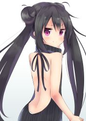 Rule 34 | &gt;:), 1girl, absurdres, amano kouki, back, back focus, backless dress, backless outfit, bare back, bare shoulders, black hair, blush, c:, closed mouth, double bun, doyagao, dress, from behind, hair between eyes, hair bun, halterneck, highres, long hair, looking at viewer, meme attire, note-chan, original, purple eyes, ribbed sweater, shoulder blades, simple background, smile, smug, solo, sweater, sweater dress, turtleneck, turtleneck sweater, twintails, v-shaped eyebrows, virgin killer sweater, white background