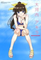 Rule 34 | 00s, 1girl, absurdres, arm support, bare legs, bare shoulders, bikini, blue background, blue bikini, blue eyes, blunt bangs, blush, body blush, bow, bracelet, breasts, brown hair, character name, cleavage, collarbone, feet, female focus, fingernails, foreshortening, full body, hair bow, hair ribbon, hand on own knee, head rest, head tilt, highres, hip focus, jewelry, knees, legs, long hair, long image, looking at viewer, magazine scan, mahou sensei negima!, medium breasts, megami magazine, nail polish, necklace, non-web source, official art, ookaji hiroyuki, ookouchi akira, ponytail, red nails, ribbon, sandals, scan, shiny skin, sitting, skinny, smile, solo, swimsuit, tall image, text focus, toenail polish, toenails, toes, volume71, wavy hair, yellow bow