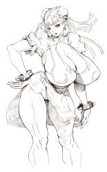 Rule 34 | 1girl, bonten, breasts, capcom, china dress, chinese clothes, chun-li, cleavage, curvy, double bun, dress, female focus, highres, huge breasts, monochrome, solo, street fighter, thick thighs, thighs, wide hips