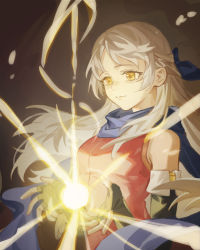 Rule 34 | 1girl, barefoot, black gloves, blue scarf, dress, elbow gloves, energy, fingerless gloves, fire emblem, fire emblem: radiant dawn, gloves, glowing, hair ribbon, half updo, highres, lens flare, light particles, light rays, long hair, looking down, magic, micaiah (fire emblem), nintendo, ribbon, scarf, silver hair, simple background, sleeveless, sleeveless dress, solo, yellow eyes, yuissad
