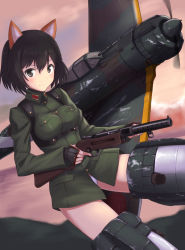 Rule 34 | 1girl, a9b (louis814), aircraft, airplane, animal ears, black hair, fingerless gloves, gloves, gradient background, grey eyes, gun, highres, katou takeko, looking at viewer, military, military uniform, military vehicle, mp18, short hair, smile, solo, strike witches, strike witches zero, striker unit, submachine gun, type 100 smg, uniform, vehicle, weapon, world witches series