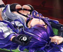 Rule 34 | 1girl, 8-ball, acheron (honkai: star rail), adamosina, arms up, ball, billiard ball, black gloves, breasts, cleavage, commentary, gloves, hair over one eye, halterneck, highres, honkai: star rail, honkai (series), large breasts, long hair, looking at viewer, lying, on back, purple eyes, purple hair, single glove, smile, solo, very long hair