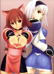 Rule 34 | 2girls, absurdres, albino, animal ears, ass, blanc neige, blue skirt, bow, breasts, bridal gauntlets, cape, cat ears, choker, covered erect nipples, cowboy shot, dress, flipped hair, from behind, gem, gradient background, hair between eyes, hairband, head tilt, high collar, highres, interlocked fingers, japanese clothes, jewelry, kimono, light smile, long sleeves, looking at viewer, looking back, mao (shining tears), multiple girls, ninja, obi, official art, outstretched arms, parted lips, pendant, red eyes, red hair, ribbed dress, sash, scan, sega, sheath, sheathed, shining (series), shining tears, short dress, short hair, short kimono, side slit, skirt, sleeves past wrists, small breasts, standing, taut clothes, taut dress, tony taka, white hair, wide sleeves
