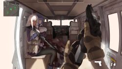Rule 34 | 2girls, 3others, absurdres, asimo (hakurei10201), blue hair, call of duty, call of duty: modern warfare 2, clip (weapon), dp-12 (girls&#039; frontline), fake screenshot, gameplay mechanics, girls&#039; frontline, gun, handgun, heads-up display, helicopter interior, highres, holding, holding gun, holding weapon, looking at viewer, m590 (girls&#039; frontline), map, mossberg 590, multiple girls, multiple others, reloading, shotgun, tactical clothes, weapon, white hair