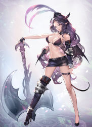 Rule 34 | 1girl, absurdres, axe, bare shoulders, black bra, black eyes, black gloves, black hat, black skirt, boots, bra, breasts, demon horns, demon wings, detached collar, fingerless gloves, full body, gloves, hat, high heel boots, high heels, highres, hitowa, holding, holding axe, horns, large breasts, long hair, looking at viewer, miniskirt, mole, mole under eye, nail polish, navel, original, parted lips, purple hair, purple nails, single fingerless glove, single thigh boot, single thighhigh, skirt, solo, standing, stomach, strapless, strapless bra, thigh boots, thigh strap, thighhighs, underwear, very long hair, wings