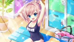 Rule 34 | 1girl, :d, ahoge, armpits, arms up, blue eyes, blue ribbon, breasts, cleavage, collarbone, covered navel, dot nose, film grain, from above, game cg, hair ribbon, high ponytail, himura nagisa, indoors, izumi tsubasu, lens flare, locker, locker room, long hair, looking at viewer, medium breasts, name tag, non-web source, official art, on bench, open mouth, pink bag, pink hair, plant, potted plant, re:stage!, ribbon, school swimsuit, sitting, smile, solo, sparkle, sunlight, swept bangs, swimsuit, tile floor, tiles, towel, translated, transparent bag, tying hair, yellow towel