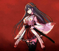 Rule 34 | 1girl, black hair, boots, commentary request, cowboy shot, detached sleeves, gradient background, hair ornament, hairband, hairclip, haruna (kancolle), headgear, japanese clothes, kantai collection, long hair, profile, red background, red skirt, ribbon-trimmed sleeves, ribbon trim, skirt, solo, standing, sword, thigh boots, thighhighs, weapon, wss (nicoseiga19993411)