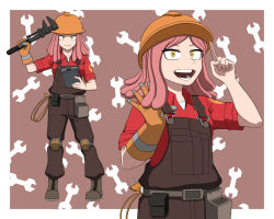 Rule 34 | 1girl, belt, belt pouch, boku no hero academia, cable, cosplay, engineer, engineer (tf2), gloves, goggles, hard hat, hatsume mei, helmet, index finger raised, knee pads, long hair, multiple views, open mouth, overalls, pink hair, pouch, red engineer (tf2), simple background, single glove, smile, standing, symbol-shaped pupils, team fortress 2, the engineer (cosplay), trait connection, wrench, yellow eyes, ysd2552