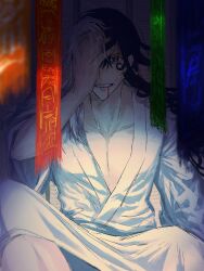 Rule 34 | 1boy, ashiya douman (fate), black hair, blood, blood from mouth, blurry, blurry foreground, bright pupils, clenched teeth, collarbone, fate/grand order, fate (series), hand over eye, highres, japanese clothes, kimono, long hair, looking at viewer, male focus, multicolored hair, pectorals, split-color hair, teeth, tt hmx, white hair, white kimono, yukata