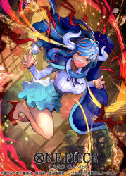 Rule 34 | 1girl, bare legs, blue cape, blue dress, blue hair, breasts, cape, claw pose, copyright name, curled horns, dress, english text, high heels, horns, jumping, large breasts, lightning, long hair, looking at viewer, mask, mouth mask, nijimaarc, official art, one piece, short dress, two-tone dress, ulti (one piece), white dress