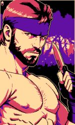 Rule 34 | 1boy, abs, bara, beard, facial hair, forest, full beard, headband, holding, holding knife, knife, male focus, mature male, metal gear (series), metal gear solid, multiple monochrome, muscular, muscular male, mustache, nature, navel, nipples, pixel art, portrait, sanpaku, short hair, solid snake, solo, sparse chest hair, thatlonelycrow, thick eyebrows, tsurime, upper body