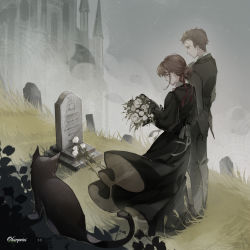 Rule 34 | absurdres, benson moretti, black dress, bouquet, brother and sister, brown eyes, brown hair, building, cat, chinese commentary, commentary request, dress, flower, fog, funeral dress, grass, graveyard, highres, jacket, lace, looking down, lord of the mysteries, melissa moretti, mourning, funeral dress, no.9 yualuodesi mimitongxinzhong, short hair, siblings, signature, tomb, tombstone, wind