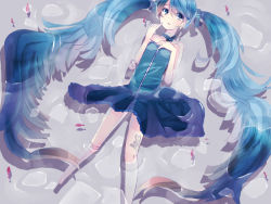 Rule 34 | 1girl, bad id, bad pixiv id, bare shoulders, blue eyes, blue hair, doll joints, dress, fish, from above, hatsune miku, itamidome, joints, long hair, lying, matching hair/eyes, on back, solo, strapless, strapless dress, submerged, twintails, very long hair, vocaloid, water