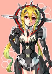 Rule 34 | 1girl, android, armor, blonde hair, breasts, cleavage, headdress, hijirino yuuta, honeycomb background, honeycomb pattern, long hair, low twintails, partner machine, phantasy star, phantasy star portable 2, phantasy star portable 2 infinity, red eyes, rozen s series, simple background, solo, twintails, very long hair