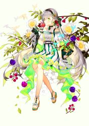 Rule 34 | 1girl, absurdres, bad id, bad pixiv id, bag, berry, bird, braid, cherry, choker, commentary, dress, earrings, floral background, floral print, flower, flower earrings, flower request, food, fruit, full body, gem, gloves, green eyes, green nails, grey hair, hair flower, hair ornament, hairband, half updo, highres, holding, holding flower, jewelry, lace, leaf, long hair, looking at viewer, mona0101, nail polish, original, ribbon, sandals, short sleeves, shoulder bag, simple background, sitting, smile, solo, toenail polish, toenails, very long hair, white background, white gloves