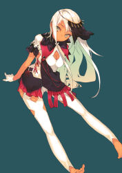 Rule 34 | barefoot, black background, black skirt, black veil, breasts, cleavage cutout, closed mouth, clothing cutout, colored inner hair, dark-skinned female, dark skin, dress, fifuth, frilled sleeves, frills, gloves, gradient hair, green eyes, green hair, head tilt, highres, invisible chair, long hair, looking at viewer, multicolored hair, original, red ribbon, ribbon, simple background, single sidelock, sitting, skirt, small breasts, solo, thighhighs, toes, veil, white dress, white gloves, white hair, white thighhighs