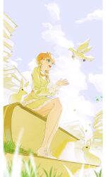 Rule 34 | 1girl, absurdres, aqua eyes, bird, blue sky, book, braid, breasts, cloud, commentary, crossed bangs, dove, dress, hands up, highres, hinoshita kaho, koiori, link! like! love live!, long sleeves, love live!, medium breasts, medium dress, medium hair, neck ribbon, open hands, open mouth, orange hair, orange ribbon, oversized object, pillarboxed, puffy long sleeves, puffy sleeves, rabbit, ribbon, shoes, side braids, sitting, sky, sleeve cuffs, solo, special thanks (love live!), virtual youtuber, white dress, white footwear