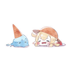Rule 34 | 1girl, ahoge, barefoot, blonde hair, blush, brown headwear, chibi, closed eyes, dress, food, genshin impact, hat, highres, ice cream, klee (genshin impact), low twintails, lying, medium hair, melting, nami harakamiaka, on stomach, open mouth, personification, pointy ears, red dress, shadow, slime (genshin impact), straw hat, summer, sweat, twintails, wavy mouth, white background