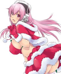 Rule 34 | 1girl, artist request, ass, bikini, bikini top only, blush, breasts, capelet, coat, fur trim, gloves, headphones, highres, large breasts, long hair, looking at viewer, miniskirt, nitroplus, open mouth, pink eyes, pink hair, skirt, solo, super sonico, swimsuit, thighhighs
