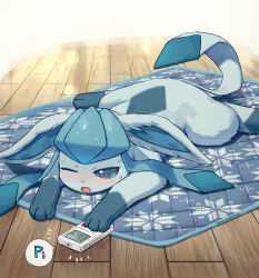 Rule 34 | blush, controller, creatures (company), game freak, gen 4 pokemon, glaceon, highres, indoors, kaminokefusa, lying, nintendo, no humans, on floor, on stomach, one eye closed, open mouth, pokemon, pokemon (creature), remote control, rug, solo, sound effects, speech bubble, wooden floor