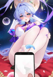 Rule 34 | 1girl, :o, bare shoulders, blue eyes, blue hair, blush, breasts, bubble, cellphone, cleavage, fantongjun, hair between eyes, halo, head wings, highres, holding, holding phone, honkai: star rail, honkai (series), large breasts, looking at viewer, nail polish, open mouth, pantyhose, phone, pov, purple nails, robin (honkai: star rail), sitting, smartphone, solo focus, thighband pantyhose, thighs, white pantyhose, wings