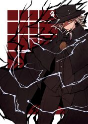 Rule 34 | 1boy, ascot, black ascot, black cloak, black hat, black pants, black vest, buttons, cigarette, cloak, commentary request, edmond dantes (fate), fate/grand order, fate (series), feet out of frame, grid background, hat, highres, kuri dora, light brown hair, looking at viewer, male focus, orange eyes, pants, red background, short hair, skull, smoke, smoking, solo, standing, vest, white background
