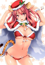 Rule 34 | 1girl, :d, absurdres, animal ears, arms up, bell, bikini, breasts, cape, christmas, cleavage, front-tie top, fur trim, glint, hat, heart o-ring, heart ring bottom, highres, kikurage (plastic people), large breasts, leaf, navel, o-ring, o-ring bottom, o-ring top, open mouth, pink eyes, pink hair, red bikini, santa costume, scrunchie, shiny skin, side-tie bikini bottom, smile, snowflakes, snowman, solo, sparkle, string bikini, swimsuit, tail, tiger ears, tiger tail, two side up, underboob, wrist scrunchie, wristband