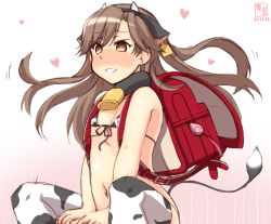 Rule 34 | 1girl, alternate costume, animal ears, animal print, arashio (kancolle), artist logo, backpack, bag, bell, bikini, bottomless, commentary request, covered erect nipples, cow ears, cow horns, cow print, cow tail, cowbell, dated, fake animal ears, fake horns, feet out of frame, front-tie top, gradient background, heart, heart-shaped pupils, highres, horns, implied sex, kanon (kurogane knights), kantai collection, micro bikini, navel, one-hour drawing challenge, parted lips, randoseru, smile, solo, squatting, swimsuit, symbol-shaped pupils, tail, thighhighs, white background, white thighhighs