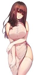 Rule 34 | 1girl, absurdres, bare shoulders, blunt bangs, blush, breasts, brown eyes, brown hair, china dress, chinese clothes, dress, elbow gloves, gloves, highres, large breasts, long hair, looking at viewer, naidong (artist), open mouth, original, side slit, simple background, solo, thighhighs, white background, white gloves, white thighhighs, wide hips