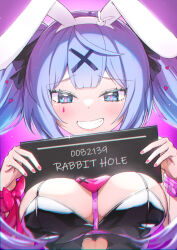 Rule 34 | 1girl, absurdres, animal ears, black leotard, black ribbon, blue eyes, blue hair, blush, breasts, clothing cutout, fake animal ears, from below, gradient background, grin, hair between eyes, hair ornament, hair ribbon, hairband, hands up, hatsune miku, heart, heart cutout, heart hair ornament, highres, holding, holding sign, leotard, long hair, looking at viewer, looking down, medium breasts, midriff peek, nail polish, necktie, nikorasu (naihellx), object on breast, pink background, pink nails, pink necktie, pink pupils, pink ribbon, pink wristband, purple background, rabbit ears, rabbit hair ornament, rabbit hole (vocaloid), ribbon, short necktie, sign, smile, solo, stomach cutout, twintails, upper body, vocaloid, white hairband, wrist ribbon, x hair ornament