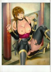 Rule 34 | 1girl, absurdres, alternate costume, arm guards, black panties, blush, breasts, breasts out, brown eyes, brown hair, choker, collarbone, dead or alive, fingernails, highres, homare (fool&#039;s art), huge filesize, jewelry, kasumi (doa), large breasts, long fingernails, long hair, looking at viewer, nipples, open mouth, panties, ring, sash, scan, solo, thighhighs, torn clothes, torn legwear, underwear